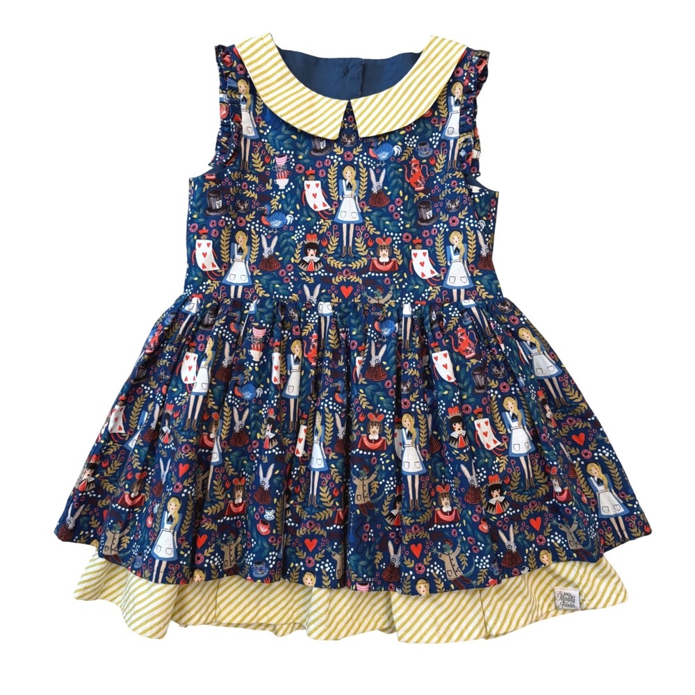 Maddy James Alice in Wonderland Dress Girls 6 Blue Peter Pan Collar Striped Hem